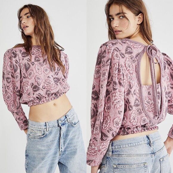 Free People No Ordinary Crop Top Pink Jaquard Boho Cottagecore Floral Relaxed M - Picture 1 of 12